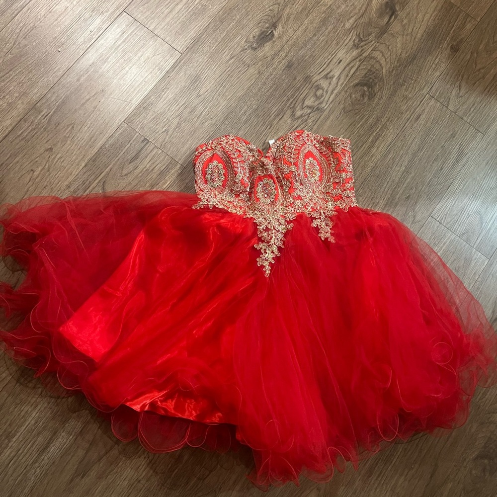 Red Strapless Tulle Dress with Embellished Bodice